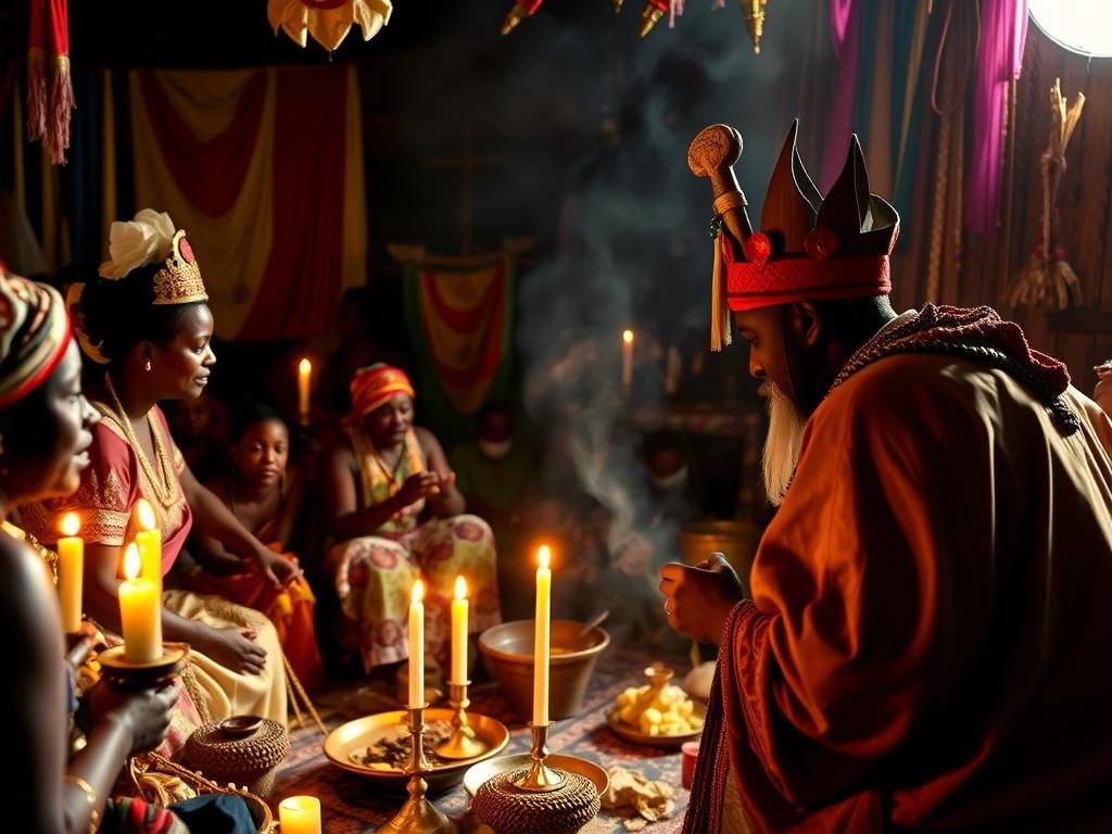A Vodou ceremony in Haiti with a mambo priestess leading rituals