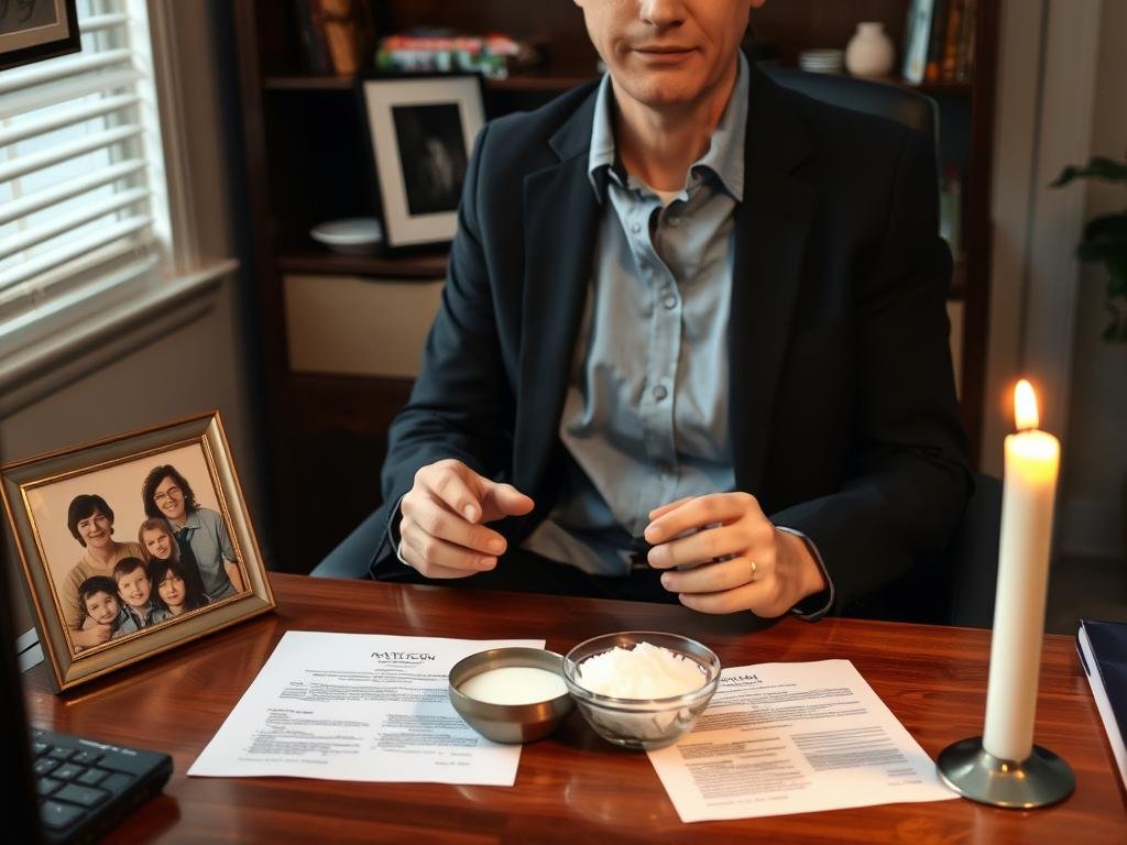 A business owner performing a protection ritual with family photos and business documents