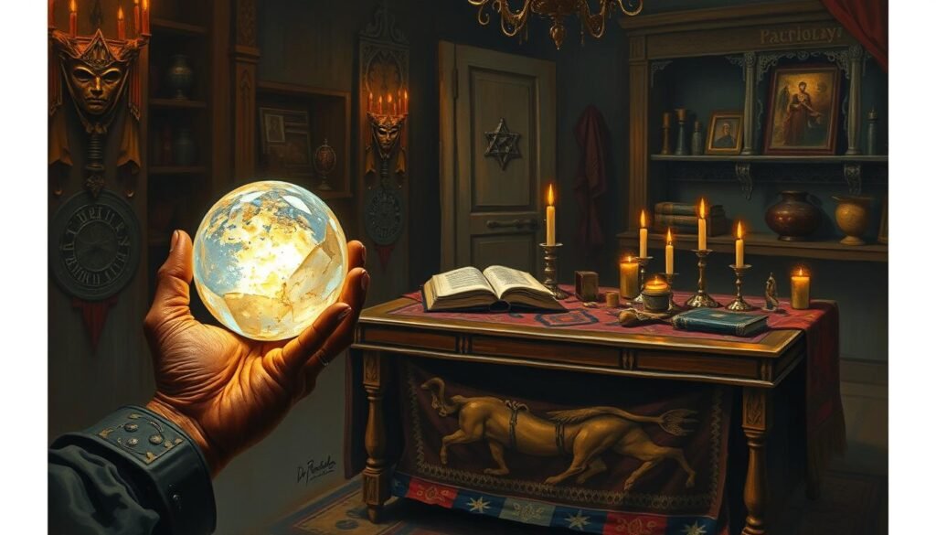 A candlelit study with ancient tomes, a glowing crystal orb, and ritual tools on a wooden table