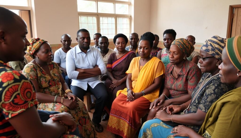 A community gathering discussing traditional healing practices in modern Uganda