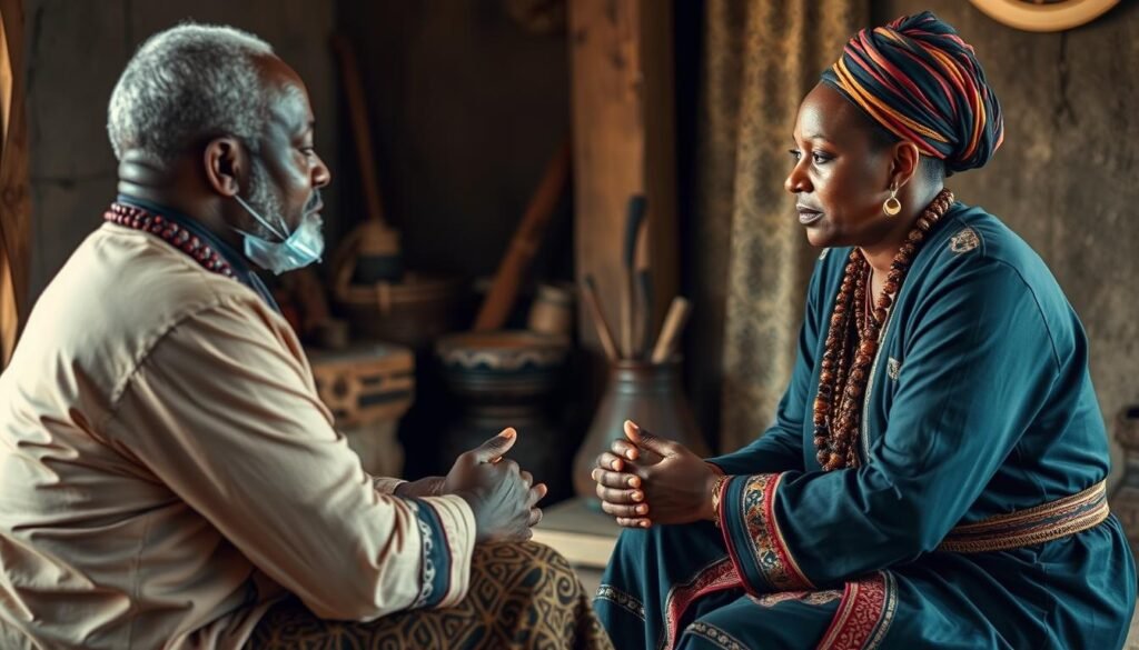 A consultation session between a client and an African traditional healer discussing marriage issues