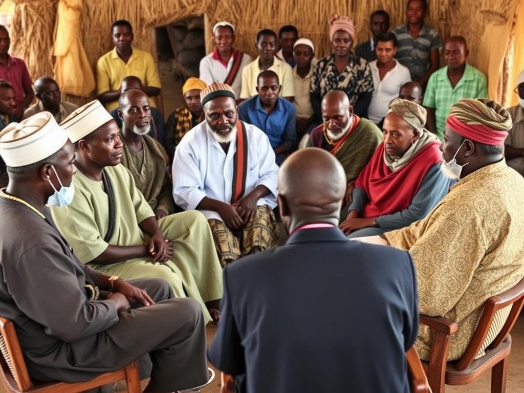A council of elders mediating a dispute in a traditional African setting
