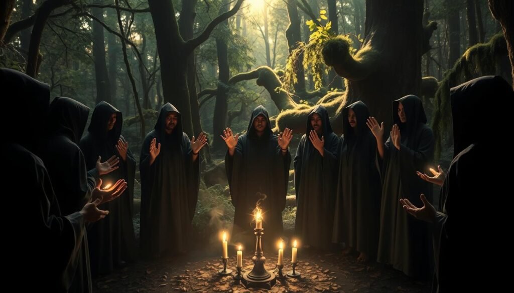 A coven of white magic practitioners gathered in a dimly lit, mystical forest. In the foreground, "Dr Kabonge" stands amidst a circle of hooded figures, hands raised in ritual, their faces obscured by shadows. Mid-ground, the practitioners chant ancient spells, an ethereal glow emanating from their palms. The background is a dense, mossy woodland, sunlight filtering through the canopy, casting a warm, soothing ambiance. The scene conveys a sense of reverence, spirituality, and the potent power of white magic.