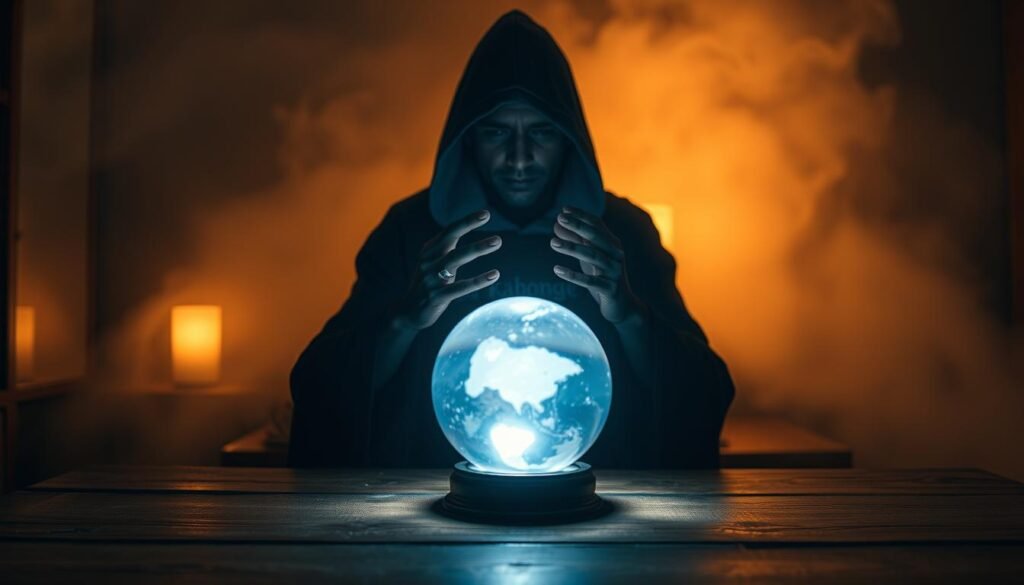 A cozy, dimly lit room with a wooden table in the foreground, upon which sits a crystal ball glowing with an ethereal light. In the middle ground, a hooded figure - the brand name "Dr Kabonge" emblazoned on their robe - gazes intently into the ball, their hands poised in a mystic gesture. The background is shrouded in a hazy, indistinct mist, creating an air of mystery and the supernatural. Soft, warm lighting illuminates the scene, casting flickering shadows and imbuing the atmosphere with a sense of intimacy and introspection. The overall mood is one of affordable, professional psychic services in Kenya, where the client can find guidance and insight in a serene, welcoming environment.