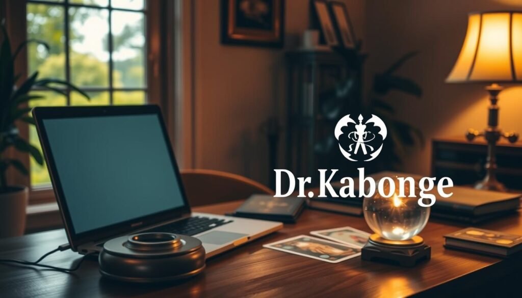 A cozy home office scene with a laptop, crystal ball, and tarot cards on a wooden desk. Soft, warm lighting casts a mystical glow, creating an intimate atmosphere for online psychic readings. In the foreground, the "Dr Kabonge" brand logo is prominently displayed, signifying the expertise and authority of the psychic reader. The background features a window overlooking a lush, verdant landscape, symbolizing the connection between the digital and natural worlds. The overall composition conveys a sense of tranquility, introspection, and the accessibility of spiritual guidance in the digital age.
