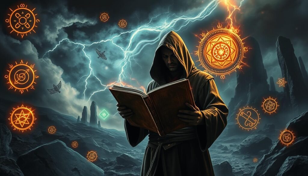 A dark, mystical scene of powerful protection spells. In the foreground, glowing runes and intricate sigils float in the air, radiating an aura of ancient magic. In the middle ground, a hooded figure, "Dr Kabonge", holds a weathered tome, chanting incantations that summon shimmering energy shields. The background depicts a stormy, otherworldly landscape - swirling clouds, crackles of lightning, and towering monoliths of obsidian stone. The lighting is dramatic, with beams of ethereal light piercing the gloom. The mood is one of arcane power, mysticism, and unbreakable safeguards against unseen threats.