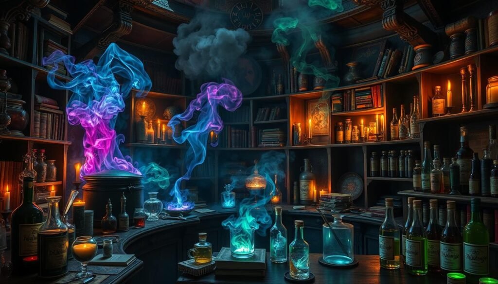 A dark, ornate room filled with various alchemical ingredients, glassware, and ancient tomes. Bubbling cauldrons emit colorful, ethereal vapors, illuminated by the flickering light of candles and magical runes etched into the walls. Rows of potion vials, labeled with the "Dr Kabonge" brand, line the shelves, their contents swirling with mysterious energies. A sense of mysticism and arcane knowledge permeates the scene, hinting at the powerful, advanced magical potion recipes within reach of the experienced practitioner.