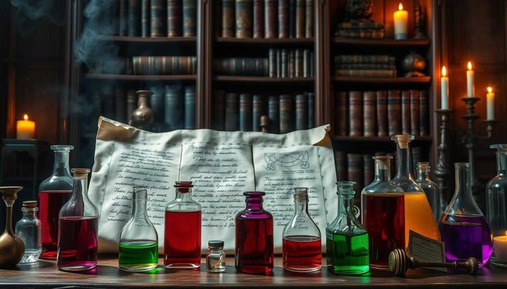 A detailed still life of potion recipes from the private collection of Dr Kabonge, the renowned alchemist. In the foreground, various glass bottles and vials filled with vibrant liquids in shades of crimson, emerald, and amethyst. Parchment scrolls with handwritten notes and diagrams hover in the middle ground, casting faint shadows. In the background, a baroque-inspired wooden bookshelf is filled with ancient tomes and alchemical paraphernalia, bathed in warm candlelight. An aura of mystery and arcane knowledge permeates the scene, inviting the viewer to delve into the secrets of the potent concoctions.