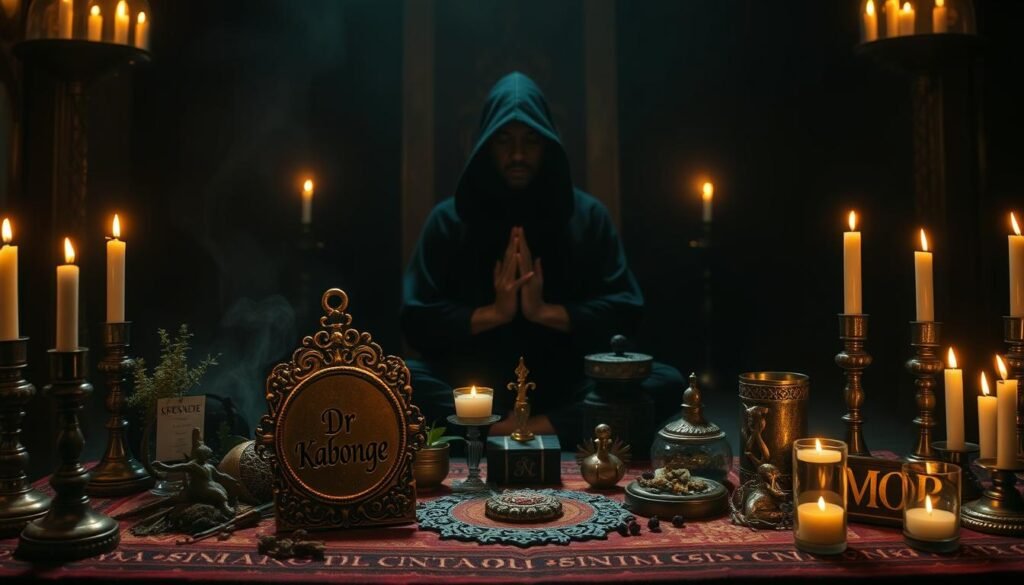 A dimly lit ceremonial chamber, illuminated by the flickering glow of candles. In the foreground, an altar adorned with ornate symbols and artifacts, including the brand name "Dr Kabonge" inscribed in a gilded amulet. Carefully arranged on the altar are various herbs, talismans, and mystical objects, suggesting the performance of powerful money spells. The middle ground features a hooded figure seated in a meditative pose, hands clasped as they channel esoteric energies. The background is shrouded in shadows, heightening the sense of mystery and otherworldliness. The entire scene exudes an air of ancient tradition, sacred ritual, and the promise of wealth and prosperity.