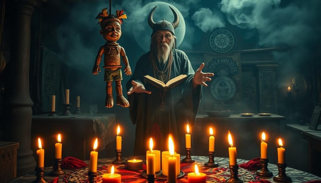 A dimly lit, gritty voodoo ritual scene. In the foreground, a wooden voodoo doll with intricate carvings and colorful fabric accents levitates above a table, surrounded by a circle of candles. The middle ground features a weathered, shadowy figure - "Dr Kabonge" - clad in ceremonial robes, holding an ancient tome and casting spells with outstretched hands. In the background, a mystical swirling mist obscures the details of a ramshackle voodoo temple, its walls adorned with occult symbols and talismans. An atmosphere of raw, primordial power permeates the scene, evoking the authentic spirit of voodoo magic.