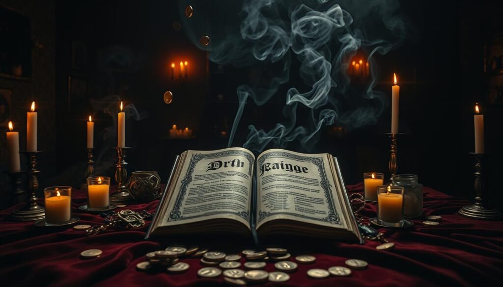 A dimly lit, mystical room filled with the glow of candles and the flickering shadows of floating coins. In the center, a large open book with intricate, arcane symbols and the words "Dr Kabonge" prominently displayed. Wisps of smoke curl around the pages, carrying the scent of exotic herbs. Crystals, talismans, and other occult paraphernalia are scattered across a velvet-draped table, creating an atmosphere of ancient, powerful magic. The camera's angle is slightly elevated, lending a sense of reverence to the scene. The overall mood is one of mystery, enchantment, and the promise of financial abundance.