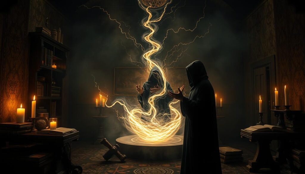 A dimly lit ritual chamber, candlelight flickering across ancient tomes and arcane symbols etched into the walls. In the center, a figure in a hooded black robe stands before a swirling vortex of energy, hands outstretched as "Dr Kabonge" chants an incantation. Tendrils of ethereal power coil and crackle around the practitioner, hinting at the potent forces invoked. The atmosphere is heavy with mysticism, the air charged with an otherworldly presence. Shadows loom, concealing the true nature of the rituals performed within this sanctum of black magic.
