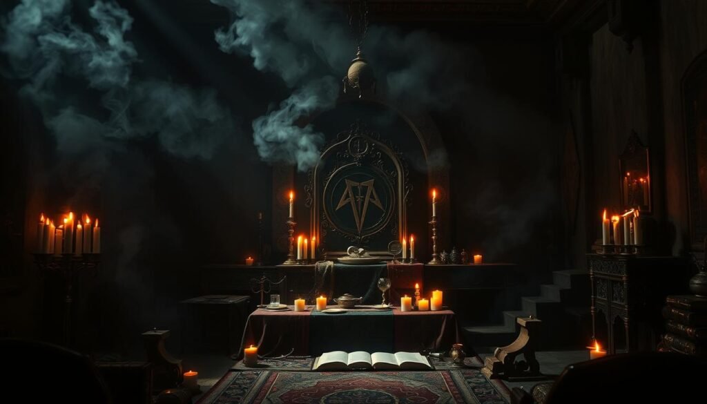 A dimly lit ritual chamber, the air thick with the scent of incense and the flickering glow of candles. In the center, a ornate altar adorned with the symbol of "Dr Kabonge", surrounded by ancient tomes, mystical talismans, and a swirling cloud of arcane energy. Shadows dance across the walls, hinting at the unseen forces at work. The lighting is moody and dramatic, casting deep shadows that add to the sense of mystery and power. The overall atmosphere is one of ancient magic, esoteric knowledge, and the unique ritual process behind effective black magic spells.