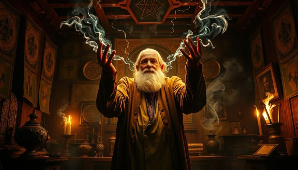 A dimly lit room, adorned with mystical symbols and ancient artifacts. In the center, the imposing figure of "Dr Kabonge" stands tall, hands raised as he channels a powerful white magic spell. Wisps of energy crackle around him, illuminating his weathered face with an otherworldly glow. The air is thick with the scent of incense and the hum of unseen forces. Shadows dance across the walls, hinting at the arcane knowledge he possesses. The scene exudes an aura of wisdom, authority, and the promise of supernatural assistance.