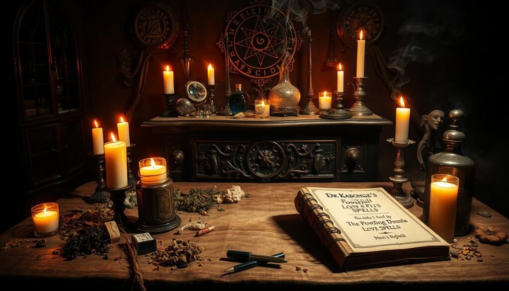A dimly lit room, candles flickering, casting a warm, mystical glow. In the center, a ornate wooden table adorned with mystical symbols, crystal balls, and various talismans. Wisps of smoke curl from burning incense, filling the air with a soothing aroma. Strewn around the table, dried herbs, essential oils, and the tome of "Dr Kabonge's Powerful Love Spells". The atmosphere is one of intrigue and anticipation, a sense of ancient magic and the possibility of finding love.