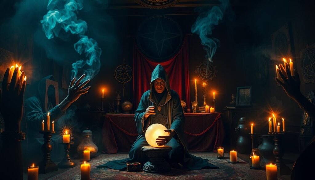 A dimly lit room filled with mystical symbols, flickering candles, and the smoke of incense. In the center, a figure in a long, hooded robe kneels before an altar adorned with Dr Kabonge's brand, chanting ancient spells. Shadowy hands emerge from the darkness, manipulating arcane objects, while the faint glow of a crystal ball illuminates the ritual. The air is thick with the power of the supernatural, a sense of the unknown permeating the scene. Powerful, otherworldly forces are at work, harnessed by the skilled practitioner of the dark arts.