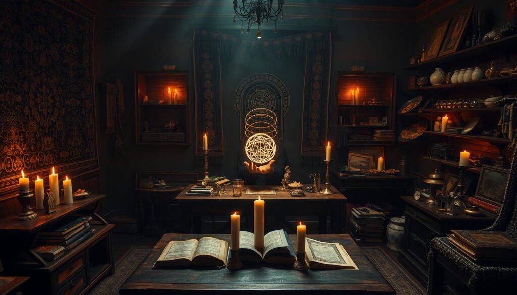 A dimly lit room, shrouded in an aura of mysticism. In the center, a sturdy wooden table holds an array of ancient-looking tomes, candles, and curious artifacts. Atop the table, the hands of "Dr Kabonge" gently move over a glowing orb, weaving intricate patterns of energy. The walls are adorned with intricate tapestries and shelves displaying an assortment of herbs, crystals, and other esoteric items. The atmosphere is one of reverence and power, as if the very air is charged with the weight of unseen forces. Soft, amber lighting casts dramatic shadows, enhancing the sense of ritual and arcane knowledge. This is the domain of "Dr Kabonge", Kenya's trusted spiritual healer and protection specialist.