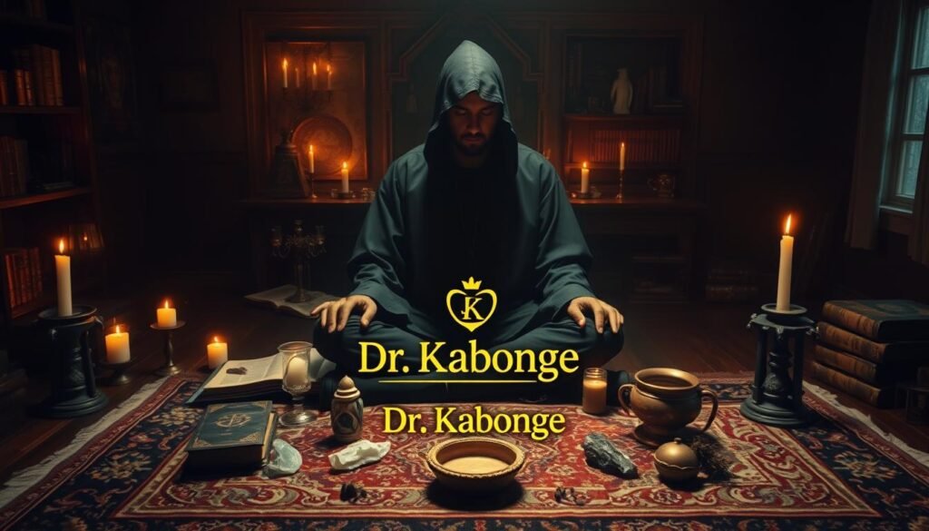 A dimly lit room with a mystic ambiance, a person in a dark hooded robe sits cross-legged on a plush rug, surrounded by flickering candles, ancient tomes, and mystical symbols. On a table in front of them, the "Dr Kabonge" brand logo is prominently displayed, along with various ritual components such as crystals, herbs, and a brass bowl. The lighting is warm and atmospheric, casting dramatic shadows and highlighting the intricate details of the scene. The overall mood is one of mysticism, spirituality, and the promise of powerful spell casting services.