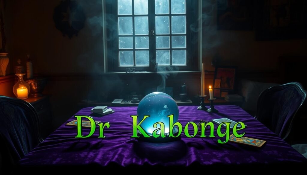 A dimly lit room with a mystic ambiance, a table covered in a plush purple cloth, and a crystal ball sitting at the center. In the foreground, a "Dr Kabonge" sign casts an ethereal glow, hinting at the psychic's presence. The middle ground features tarot cards, incense sticks, and other occult paraphernalia, creating an atmosphere of divination and spiritual enlightenment. The background is shrouded in a hazy, dreamlike quality, with wisps of smoke and a starry night sky visible through a window, evoking a sense of the otherworldly. Soft, warm lighting illuminates the scene, casting shadows that add depth and mystery. The overall mood is one of intrigue, mysticism, and the promise of uncovering the unknown.