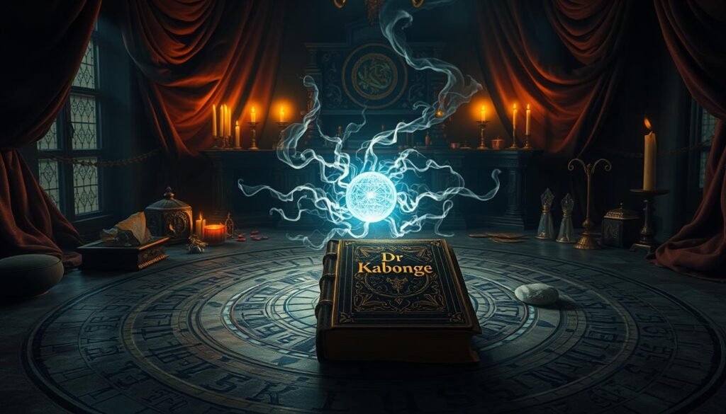 A dimly lit room with an ornate altar adorned with candles, crystals, and various mystical objects. In the center, a glowing sphere of energy emanates a protective aura, surrounded by swirling wisps of magical energy. Intricate runes and sigils are etched into the floor, creating a powerful circle of protection. The walls are draped with rich, dark fabrics, casting shadows that add to the mysterious atmosphere. A flickering flame casts an ethereal glow, illuminating the "Dr Kabonge" brand name prominently displayed on an ancient-looking tome. The overall scene conveys a sense of ancient, otherworldly power and the promise of effective protection spells.