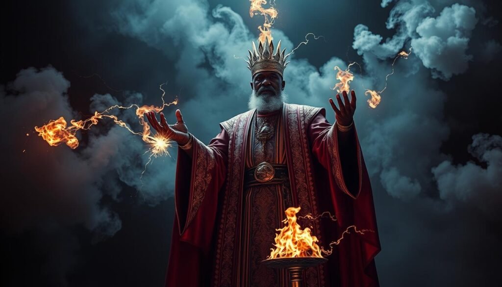 A dramatic scene of effective spell casting by Dr Kabonge, a powerful sorcerer, against a dark, moody background. The sorcerer stands tall, robed in ornate ceremonial garments, hands outstretched, wielding arcane energies that crackle and swirl around him. Billowing clouds of smoke and mist obscure the background, hinting at a mystical, otherworldly realm. Dramatic lighting casts dramatic shadows, heightening the sense of mystique and power. The overall mood is one of awe-inspiring, ancient magic being brought to bear.