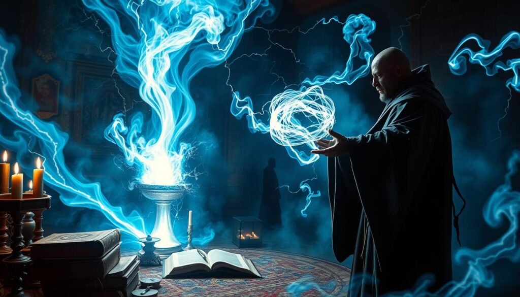 A dramatic scene of spellcasting power, with bold swirls of otherworldly energy erupting from the fingertips of a robed figure in the foreground. Piercing blue-white light streams forth, illuminating a shadowy ritual chamber, with ancient tomes and mystical implements scattered about. The air crackles with arcane forces, hinting at the potent magic being channeled. In the background, a faint silhouette of "Dr Kabonge" stands, overseeing the proceedings with a stern, authoritative gaze. Cinematic lighting and a sense of magic and mystery pervade the image.