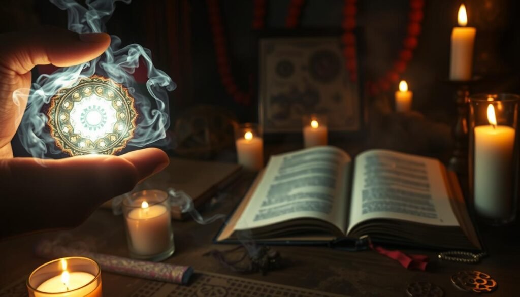 A magical ritual takes place in a dimly lit room, with flickering candles casting a warm glow. In the foreground, a hand holds a glowing amulet, its intricate design shimmering with mystic power. Swirling mists of energy coalesce around the amulet, hinting at the ancient forces at work. In the middle ground, a book of spells lies open, its pages illuminated by an otherworldly light. The background is shrouded in shadows, suggesting the unseen realm of the supernatural. This is the work of "Dr Kabonge", a powerful practitioner of the arcane arts, who has unlocked the secrets of effective money spells.