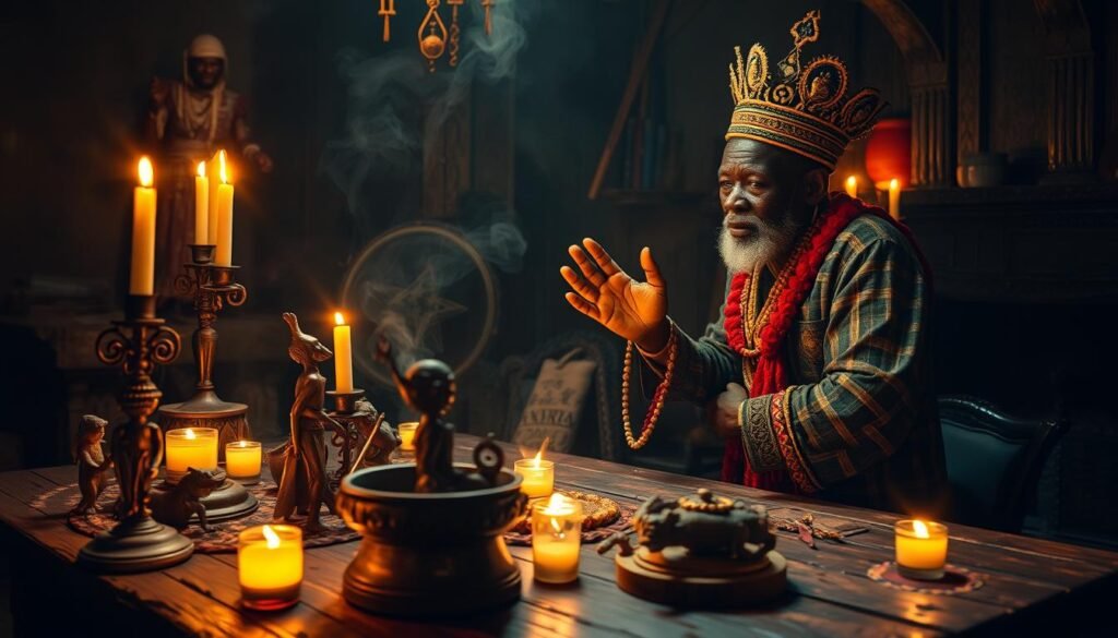 A mystical African ritual unfolds in a dimly lit, smoky room. Candles flicker, casting an eerie glow on the ornate symbols and intricate voodoo dolls arranged on a weathered wooden table. In the foreground, a shaman known as "Dr Kabonge" chants ancient incantations, hands moving with practiced precision as he weaves a tapestry of powerful spells. The air is thick with the scent of exotic herbs and the pulsing rhythms of tribal drums. Beyond, shadowy figures watch from the periphery, their faces obscured, sensing the transformative energy unleashed by this arcane ritual. The scene exudes a sense of mystery, mysticism, and the untamed forces of nature harnessed by the skilled practitioner of voodoo arts.