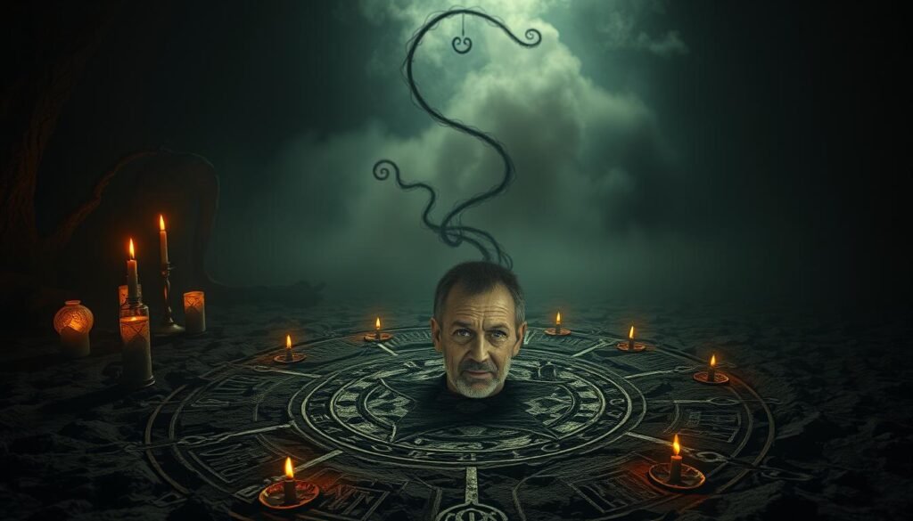A mystical and powerful ritual takes place in the shadowy depths of the night. In the foreground, the iconic visage of "Dr Kabonge" emerges, his weathered face illuminated by the flickering glow of arcane candles. Intricate symbols and runes are etched into the earth, creating a sacred circle that pulses with arcane energy. In the middle ground, dark tendrils of magical essence swirl and coalesce, their otherworldly power palpable. The background is shrouded in a thick, impenetrable fog, adding to the sense of mystery and the unknown. The entire scene is bathed in a moody, dramatic lighting that casts dramatic shadows, heightening the sense of occult power at work.