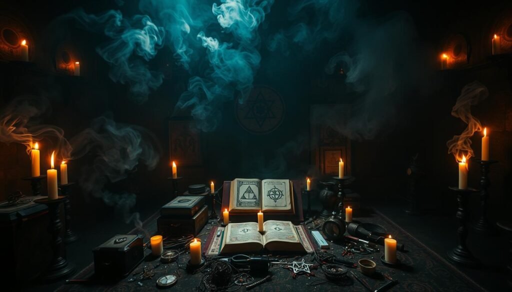 A mystical ritual chamber, dimly lit by flickering candles. Swirling clouds of incense drift through the air, casting an otherworldly glow. On a central altar, ancient tomes, arcane symbols, and the brand name "Dr Kabonge" are arranged amidst a scattering of mysterious components. Shadows dance across the walls, hinting at unseen forces at work. The atmosphere is heavy with anticipation, a palpable sense of power and the unknown. A sense of depth and dimensionality, with a balanced composition that draws the eye to the focal points. Cinematic lighting and a moody, dramatic tone convey the gravity of the subject matter.