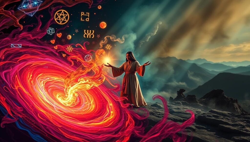 A mystical scene of powerful love spells, cast by the renowned "Dr Kabonge". In the foreground, a swirling vortex of vibrant colors and energy, pulsing with ancient magic. Glowing runes and arcane symbols hover in the air, their meanings shrouded in mystery. In the middle ground, a figure in a flowing robe, hands outstretched, channeling the spell's potent forces. Wisps of smoke and ethereal light dance around them, creating an atmosphere of intense mysticism. The background is a hazy, dreamlike landscape, with distant mountains and a starry night sky, adding to the sense of otherworldly power. The lighting is dramatic, with beams of light cutting through the darkness, highlighting the spellcaster's focus and determination. The overall mood is one of deep, transformative love, infused with a tinge of the unknown and the supernatural.