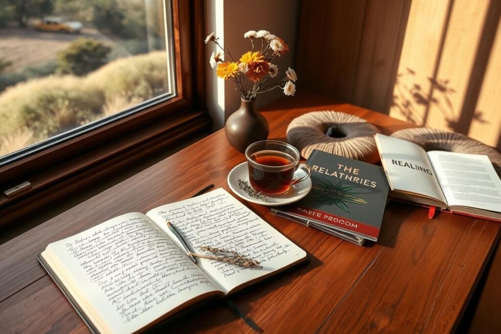 A peaceful journaling scene with tea and flowers, representing alternative approaches to reconciliation beyond a Love Spell to Return your Ex in Australia