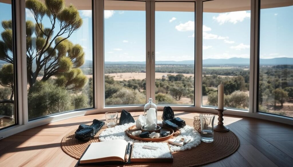 A peaceful meditation space with protective crystals and cleansing herbs for safety during love spell rituals for a Love Spell to Return your Ex in Australia