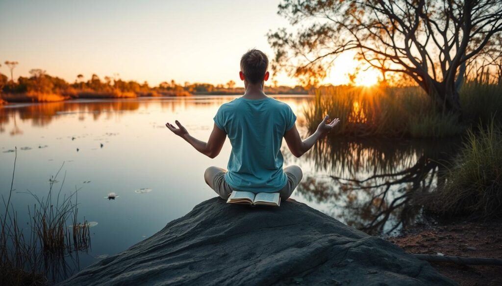 A person meditating by a serene Australian billabong, reflecting on ethical considerations before performing a Love Spell to Return your Ex in Australia
