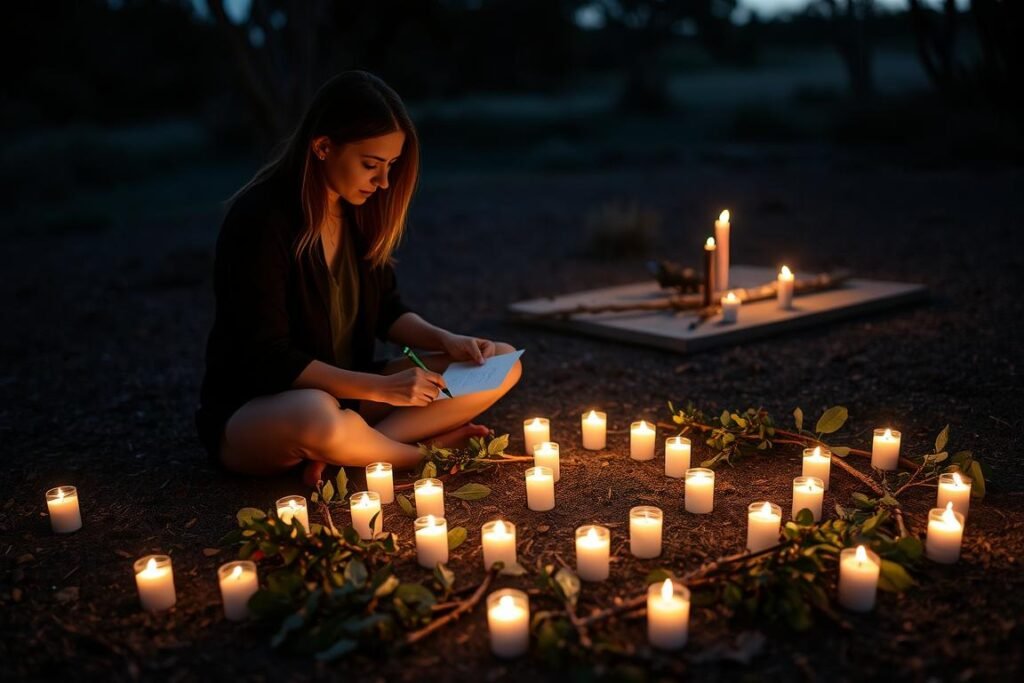 A person performing the Eucalyptus Renewal Ritual with candles and eucalyptus leaves arranged in a circle for a Love Spell to Return your Ex in Australia
