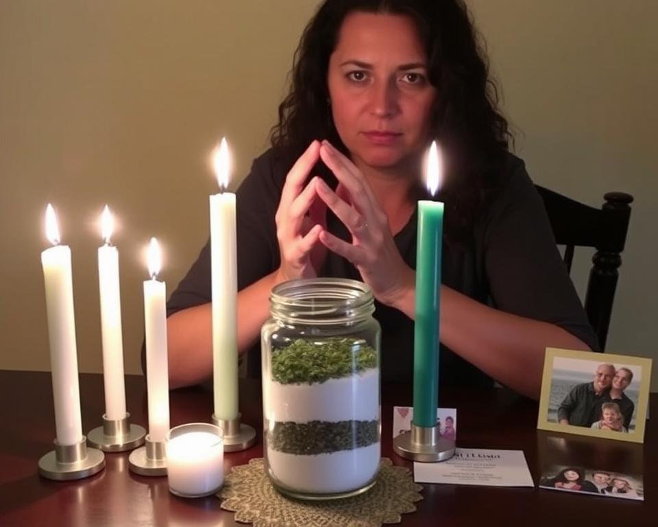 A person performing the protection ritual with candles and a jar