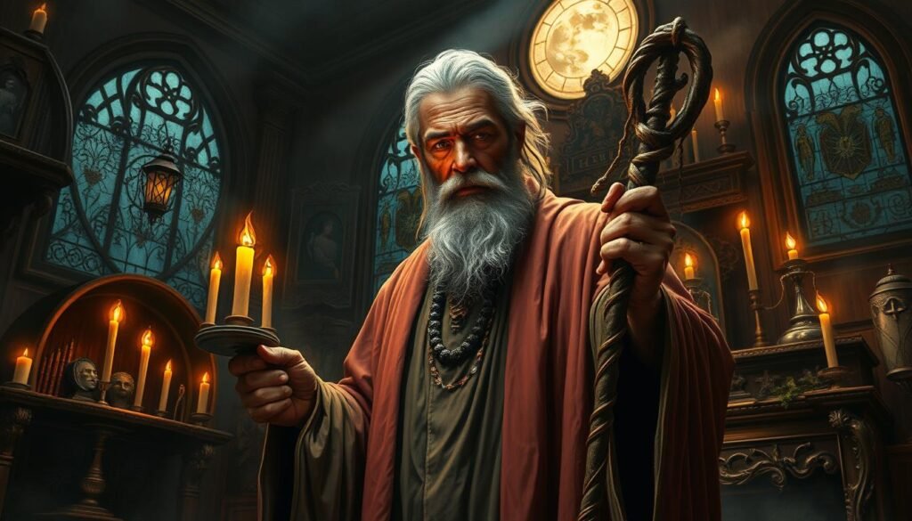 A powerful and experienced spellcaster, Dr Kabonge stands before an ornate altar, clad in flowing robes and wielding a gnarled staff. Flickering candlelight casts deep shadows across his weathered face, intensifying his penetrating gaze. The dimly lit room is filled with arcane symbols, mystical talismans, and the faint scent of incense, creating an atmosphere of ancient wisdom and arcane knowledge. Moonlight filters through stained glass windows, illuminating the spellcaster's commanding presence as he channels the forces of the unseen world to help those in need of love spells.