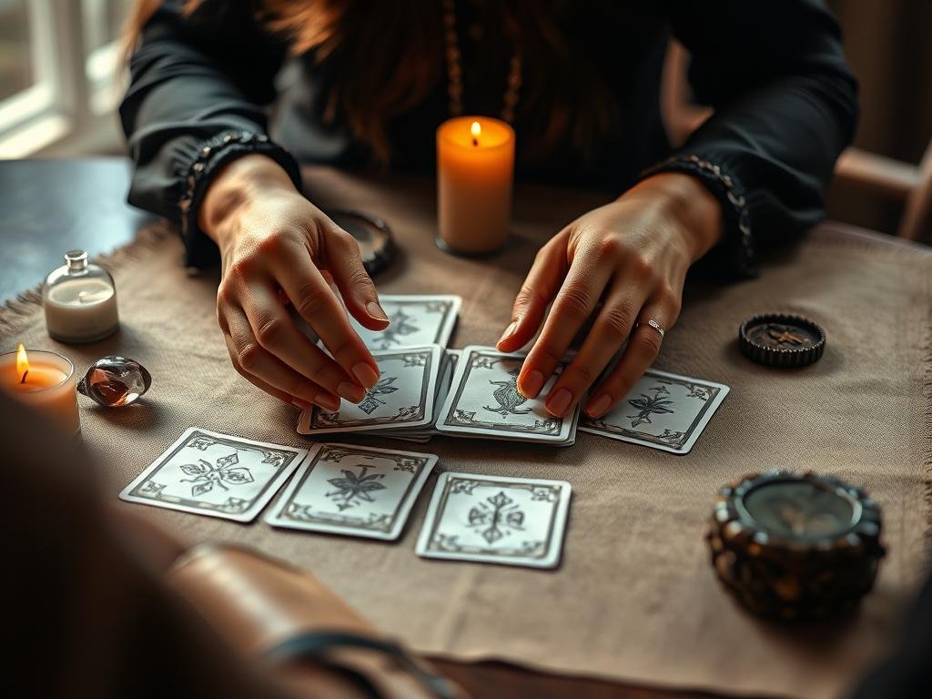 A psychic reading session showing cards and intuitive spiritual ritual practices