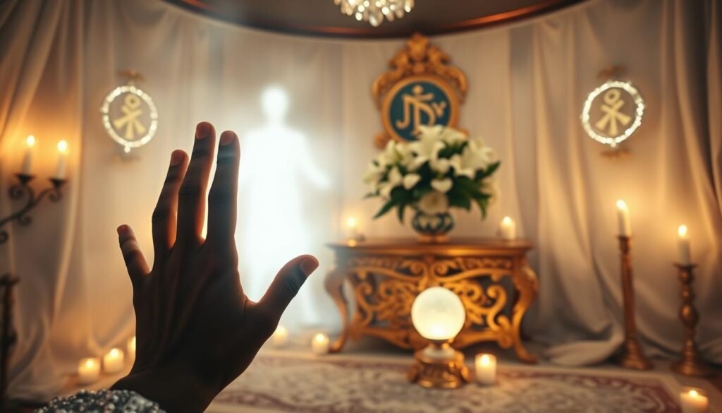 A serene, candlelit ritual chamber adorned with shimmering white crystals, glowing sigils, and a radiant, ethereal figure embodying the essence of "Dr Kabonge's" white magic. Soft, diffused lighting illuminates the space, creating an atmosphere of tranquility and spiritual power. In the foreground, a hand gestures gracefully, channeling positive energy. Behind, an ornate, gilded altar hosts a bouquet of white lilies and a crystal sphere. The background fades into a hazy, mystical realm, suggesting the boundless potential of "Dr Kabonge's" white magic for good luck and prosperity.