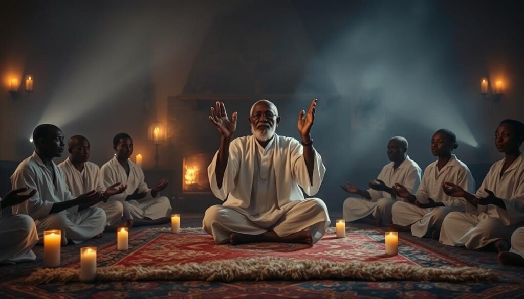 A serene, dimly lit ceremonial chamber, illuminated by the soft glow of candles and the flickering light of a fireplace. In the center, "Dr Kabonge", a wise, elderly Kenyan man in traditional white robes, sits cross-legged on a plush rug, his hands raised in a gesture of benediction. Surrounding him are several young practitioners, also dressed in white, their faces calm and tranquil as they meditate and draw upon the ancient powers of white magic. The atmosphere is one of profound stillness and spiritual connection, as if the very air vibrates with the energy of the ritual. The scene is captured with a warm, intimate lens, placing the viewer in the heart of this sacred gathering.