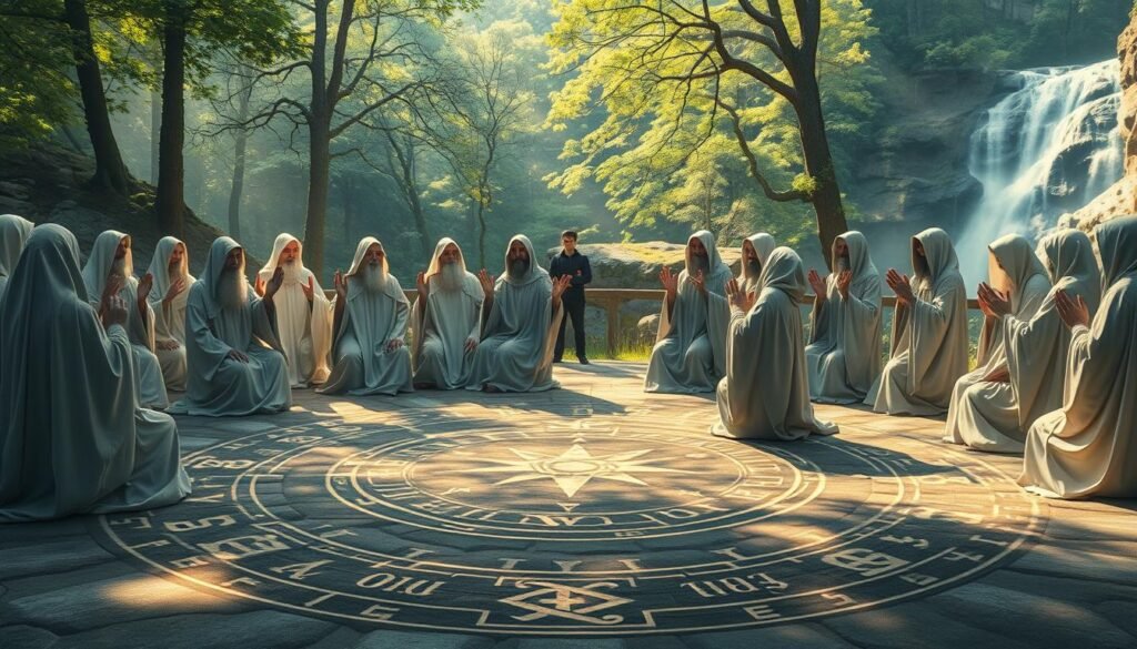 A serene gathering of white magic practitioners, their robes and cloaks flowing gracefully in a soft, ambient light. In the foreground, a circle of elders sit cross-legged, their hands raised in a gesture of benediction. Intricate runes and sigils are etched into the ground, casting a warm, mystical glow. In the middle ground, younger practitioners stand in quiet contemplation, their faces half-obscured by hoods. The background depicts a lush, verdant forest, with towering trees and a distant waterfall cascading over moss-covered rocks. The overall atmosphere is one of tranquility, power, and ancient wisdom. Dr Kabonge's presence is felt, guiding this sacred rite.