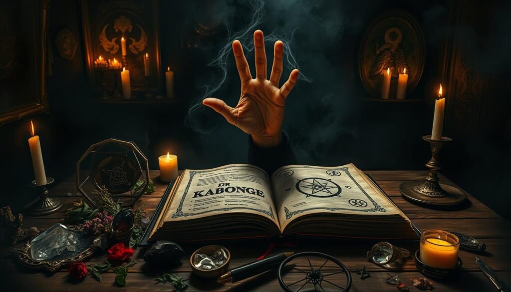 A shadowy, dimly lit room, with candlelight flickering across the walls. In the foreground, a wooden table covered in mystical objects - crystals, herbs, candles, and a book of spells. In the center, the hand of "Dr Kabonge" casts a ritual gesture, summoning arcane energies. Mysterious symbols and sigils adorn the pages of the open tome. The atmosphere is one of ancient, otherworldly power, hinting at the potent spell-casting abilities of the renowned Dr Kabonge.