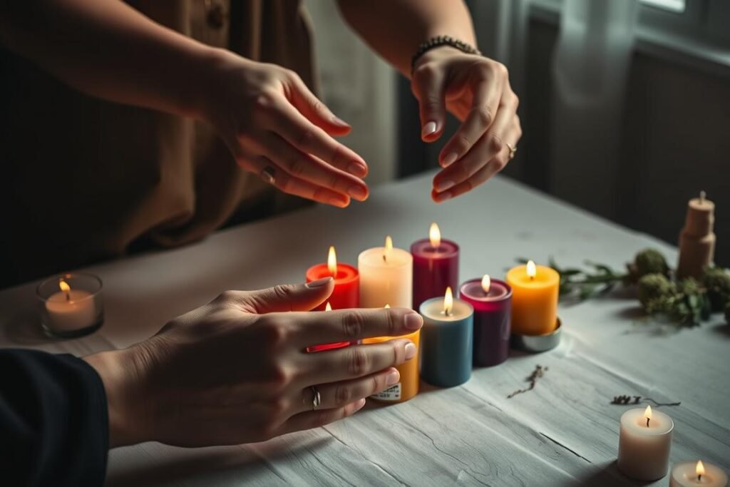 A spell caster performing a candle ritual as part of spiritual practice