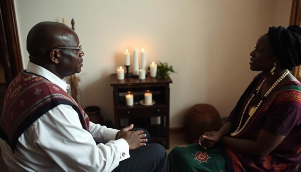 A thoughtful consultation between client and love spell caster from Africa in USA discussing ethical considerations