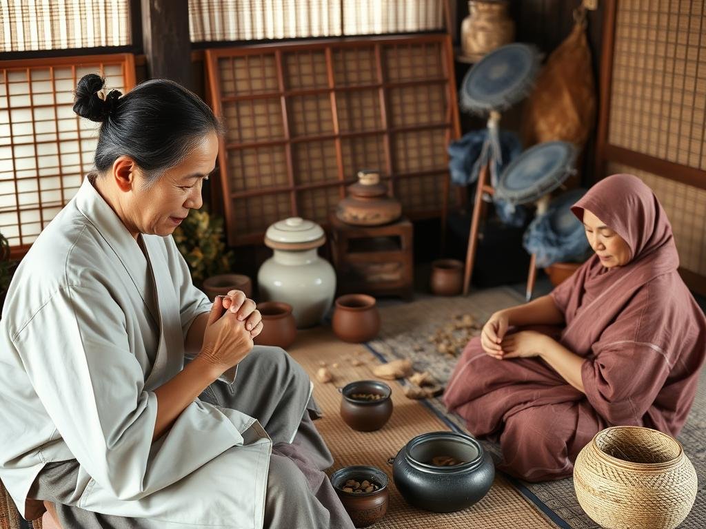 A traditional Asian healer using acupuncture and herbal remedies