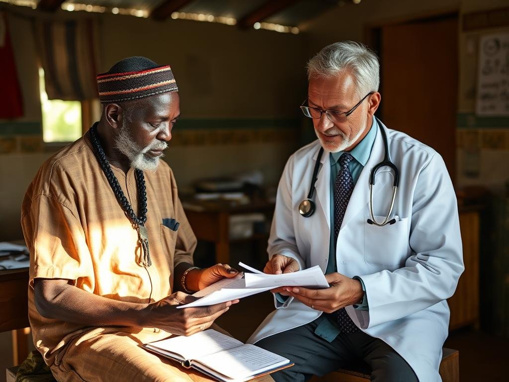 A traditional healer consulting with a modern doctor in a rural Ugandan clinic