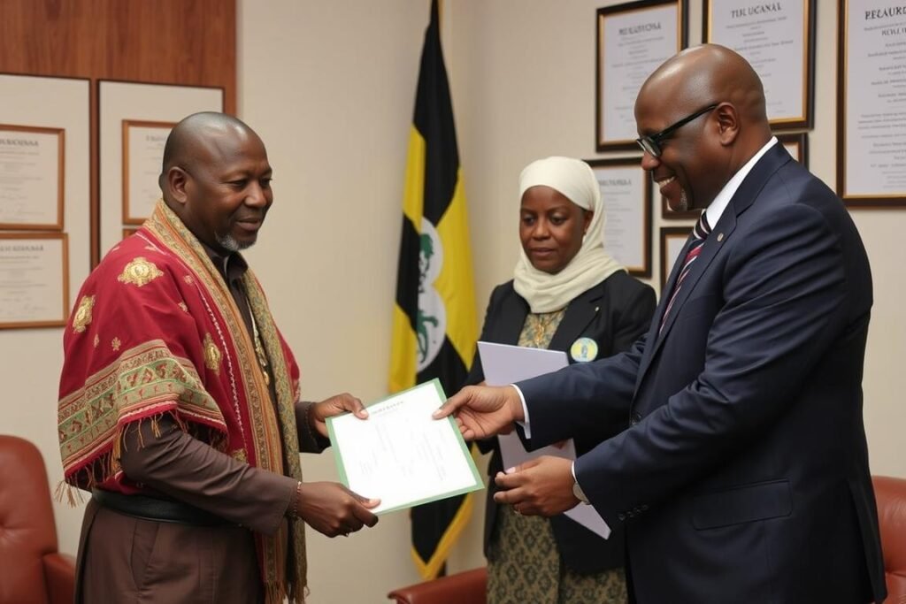A traditional healer receiving official certification from Ugandan authorities