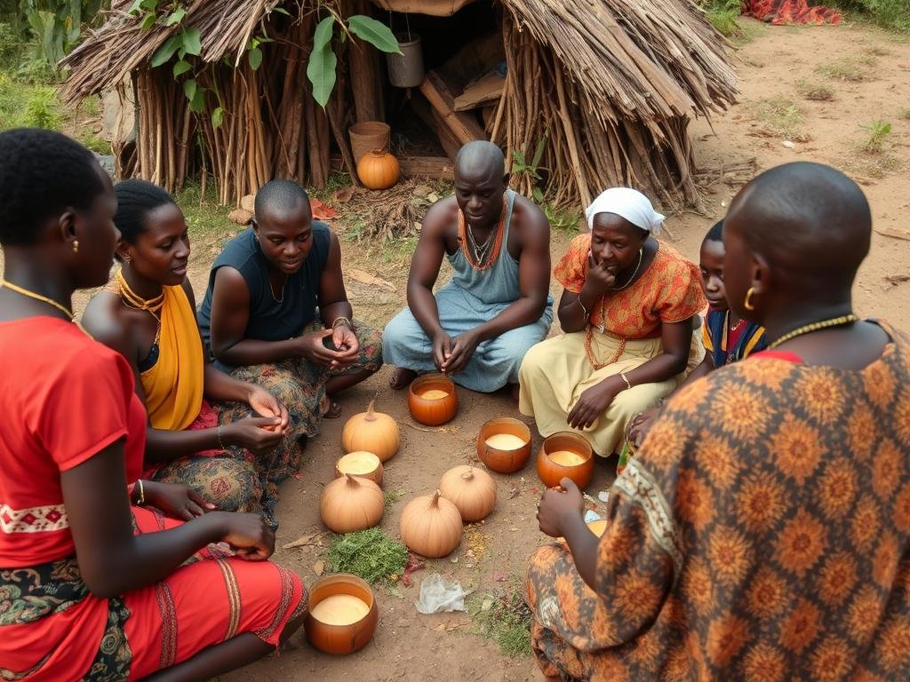 A traditional healing ceremony in Uganda with community members gathered