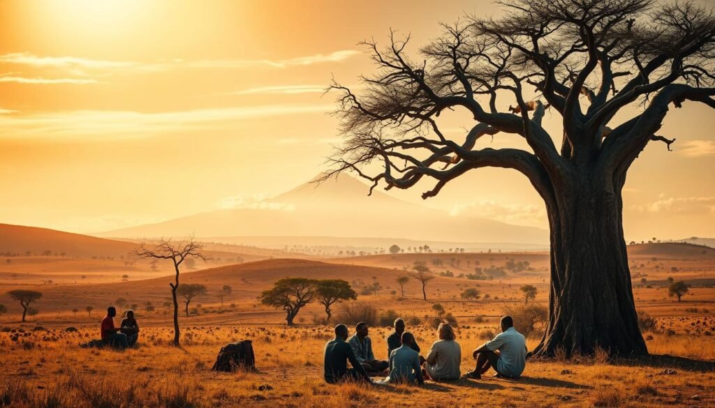 A vast and mystical Kenyan landscape, bathed in a warm, golden glow. In the foreground, a weathered baobab tree stands tall, its twisted branches reaching towards the heavens. Beneath it, a small group of people sit in a circle, engaged in a traditional spiritual ceremony, led by the charismatic Dr Kabonge. In the middle ground, rolling hills dotted with acacia trees fade into the distance, while in the background, a majestic, snow-capped mountain peak rises up, shrouded in wispy clouds. The scene exudes a palpable sense of reverence and connection to the land, blending ancient traditions with modern spiritual practices.