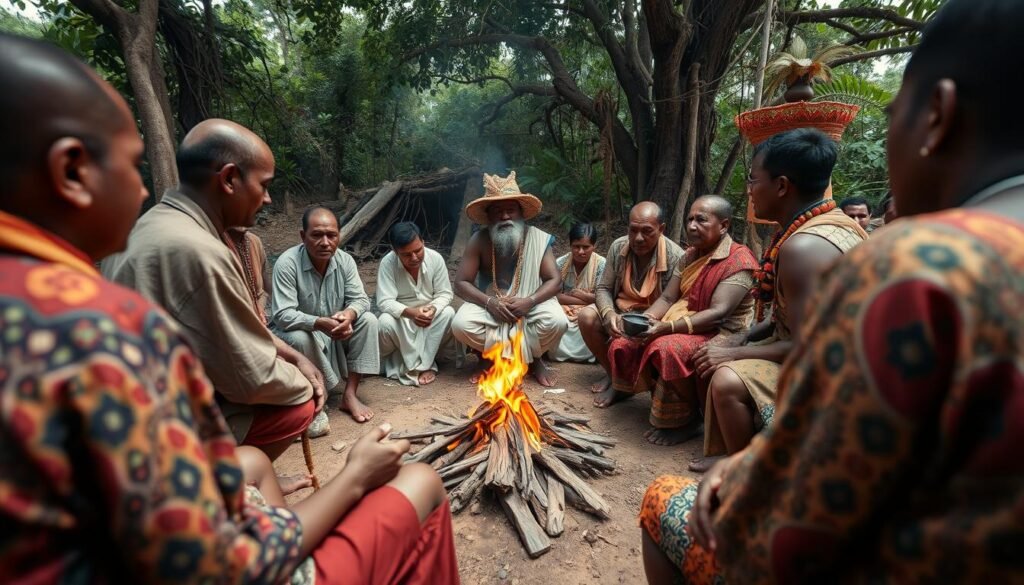 A witch doctor leading a community healing ceremony with multiple participants